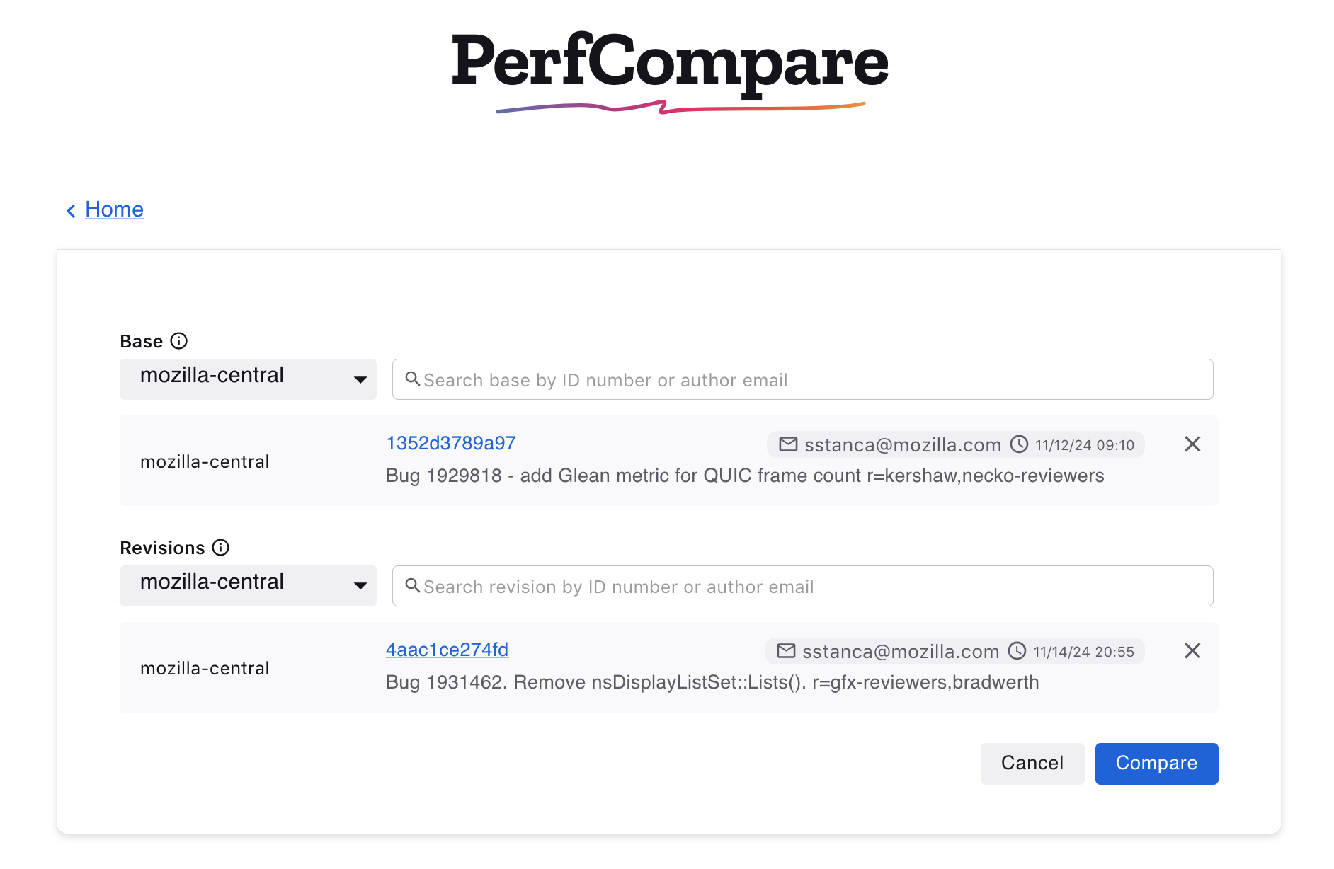 PerfCompare Results Page Compare with a Base Edit Entry View
